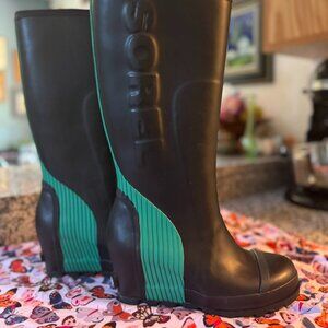 Sorel Joan Tall Wedge Rainboots in Black/Turquoise (7.5)